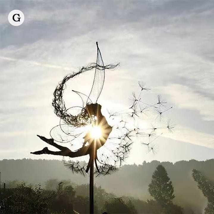 Dekorative Fee Gartenfigur aus Metall mit Löwenzahnmotiv, elegante Bereicherung für jede Gartenlandschaft.