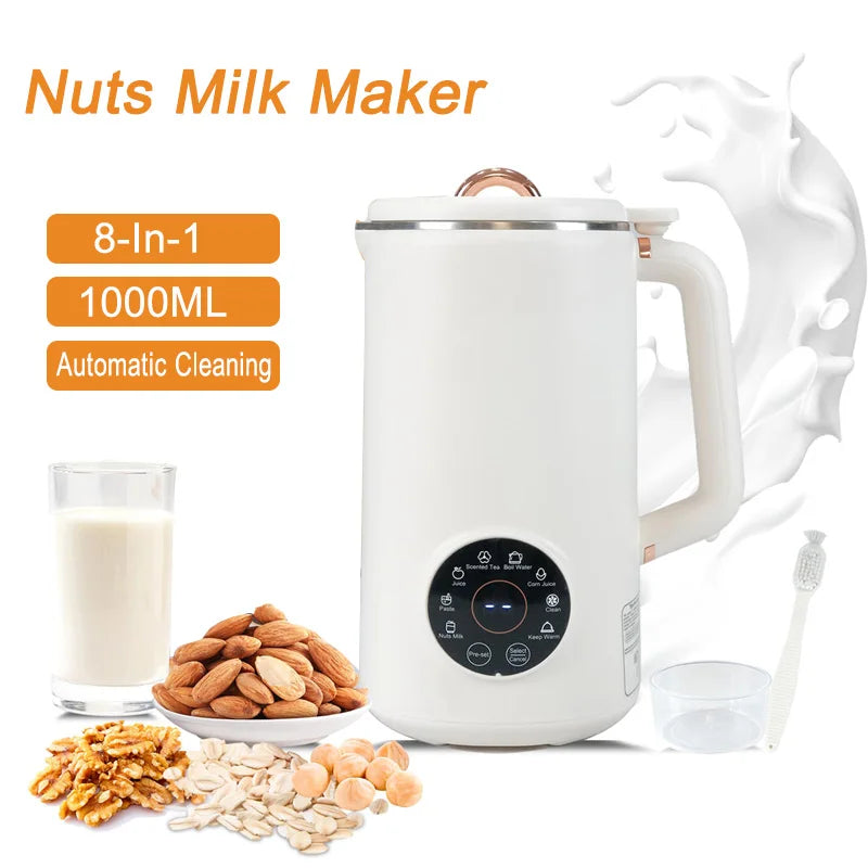 Vielseitiger 8-in-1 Pflanzenmilchbereiter für Nuss-, Hafer- & Sojamilch, Suppen, Smoothies; modernes Design.