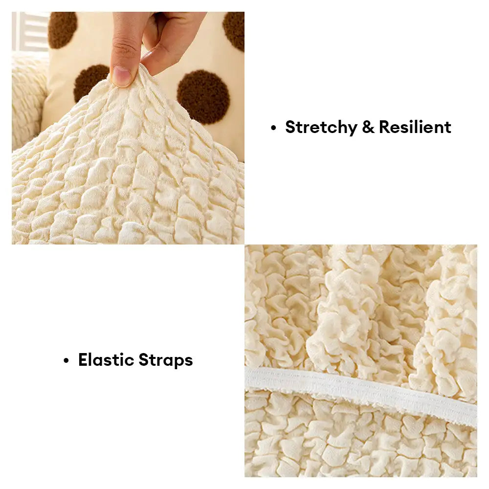 Eleganter Seersucker Stretchbezug in Creme für ein neues Wohnzimmer-Ambiente & Schutz.