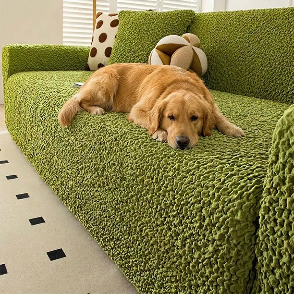 Cremefarbener Seersucker Couchbezug Stretch, haustierfreundlich & waschbar für Ihr Wohnzimmer.