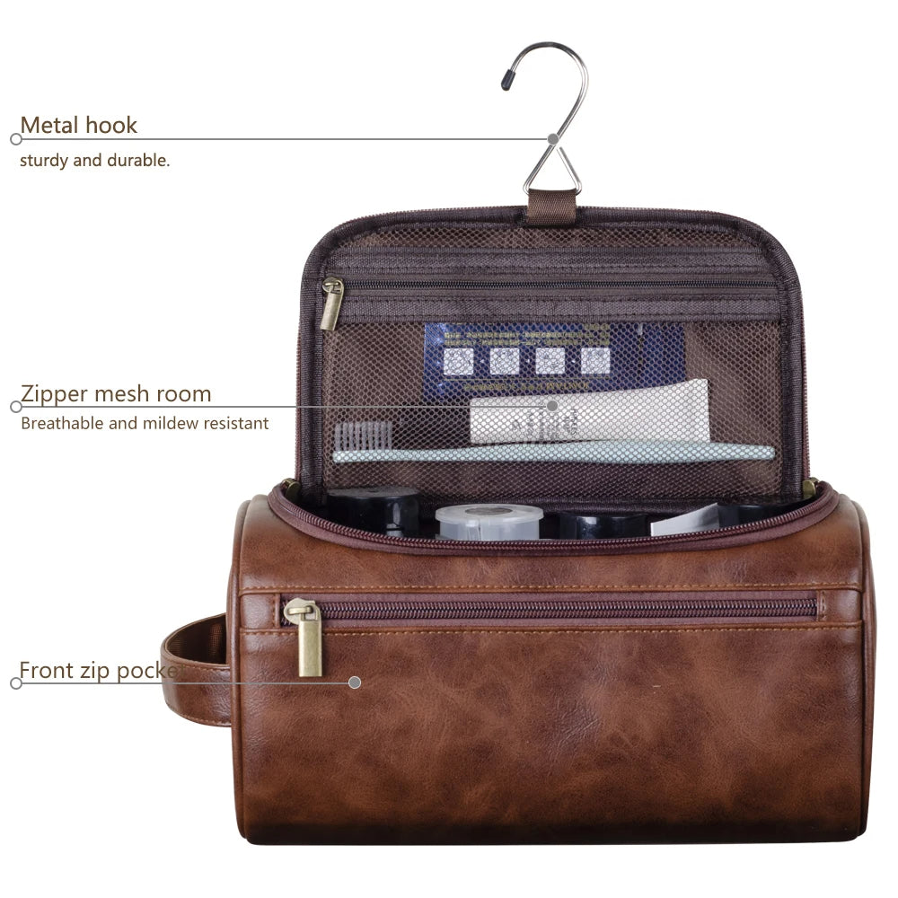 Stilvoller Unisex Leder Kulturbeutel auf Reisen, perfekt als Toilettentasche oder Kosmetiktasche für Herren & Damen.