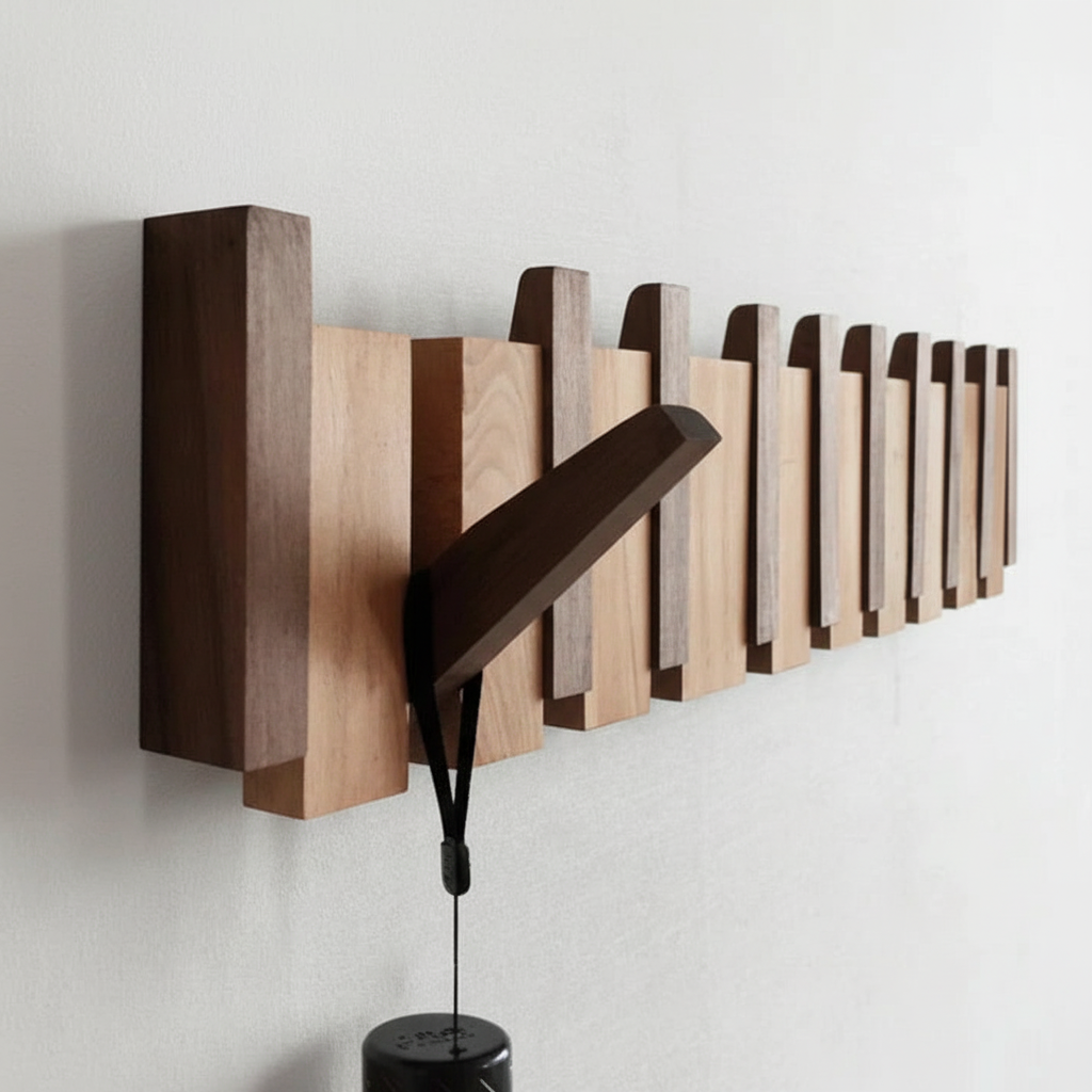 Stilvoller Wandhaken aus dunklem Walnussholz, ideal für Flur-Organisation und Aufbewahrung.