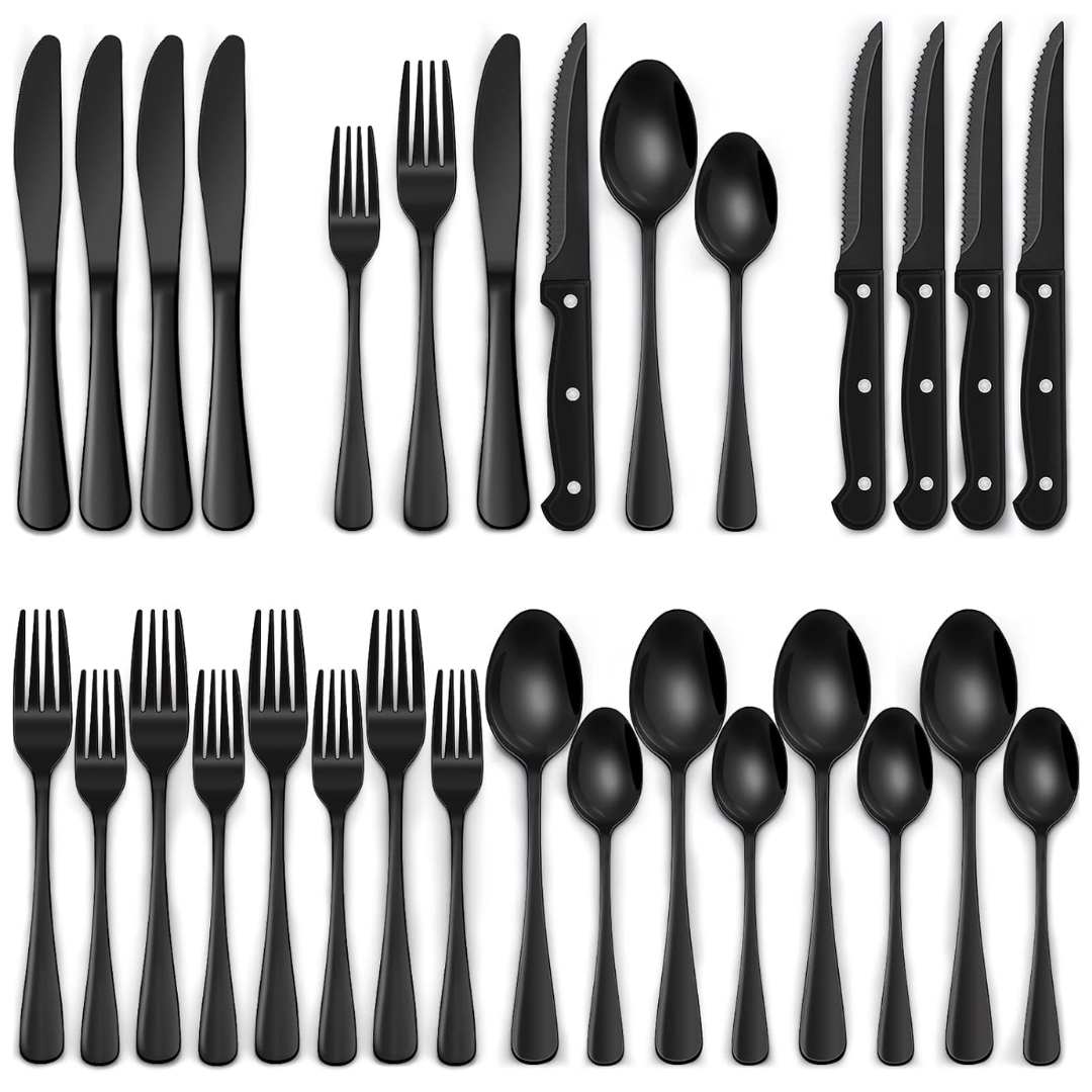 Elegantes 20-teiliges schwarzes Edelstahl Besteckset für 4 Personen, modern für Küche & Esszimmer.