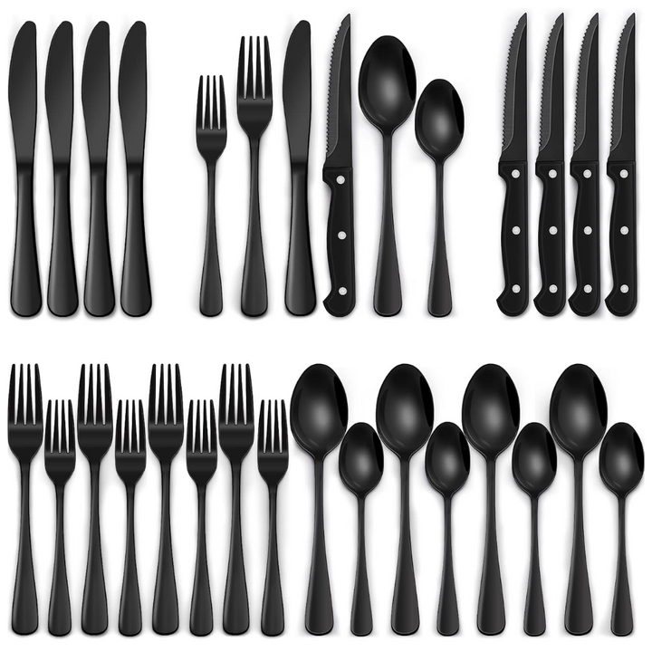 Elegantes 20-teiliges schwarzes Edelstahl Besteckset für 4 Personen, modern für Küche & Esszimmer.