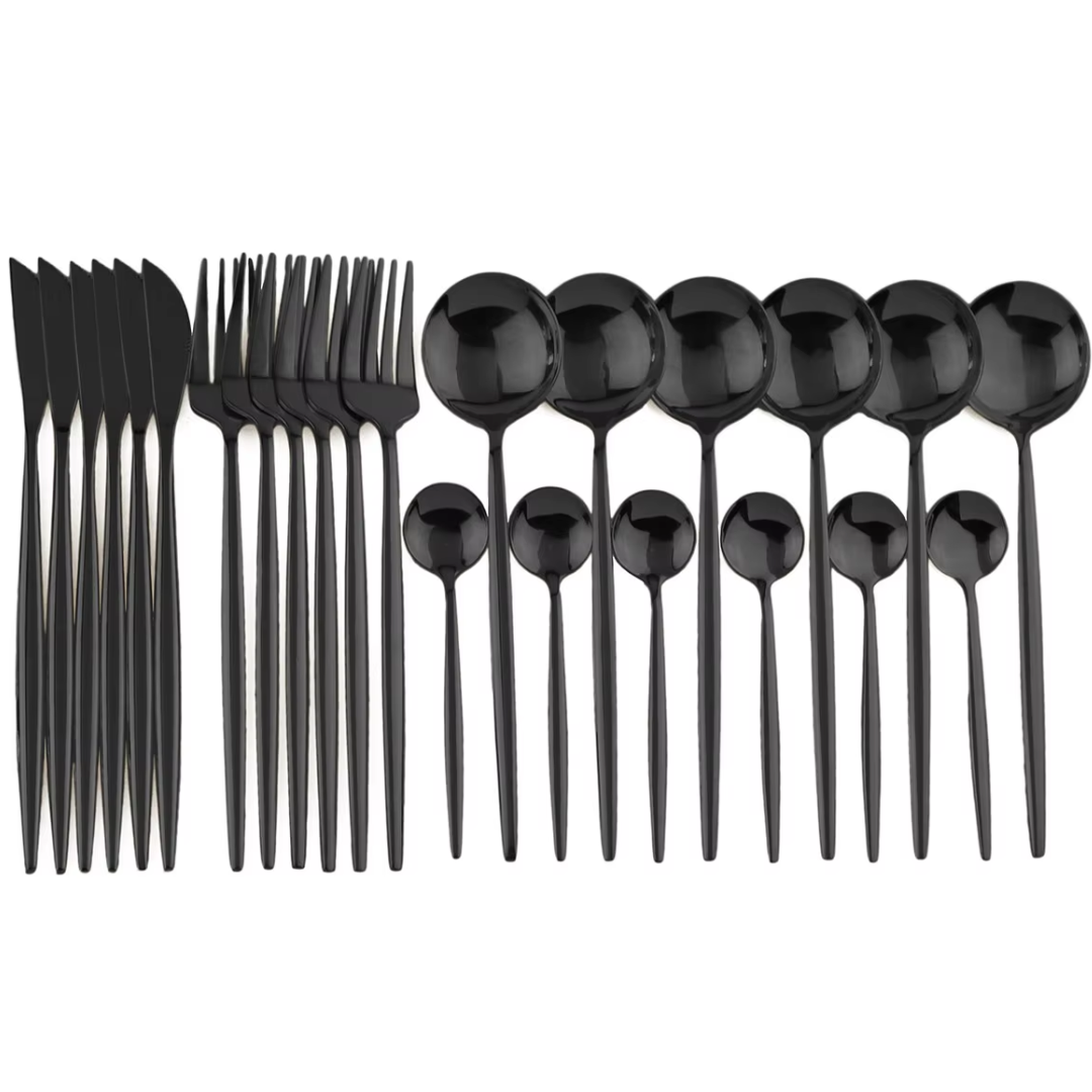 Hochwertiges schwarzes Edelstahl-Besteckset für 4, ideal für stilvolle Tischkultur in Küche oder Esszimmer.