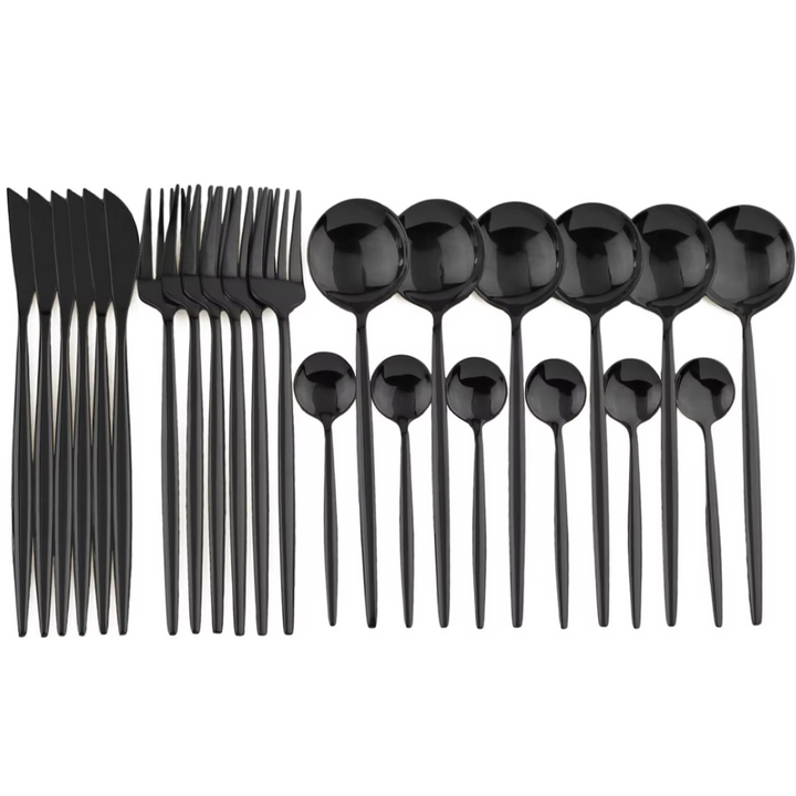 Hochwertiges schwarzes Edelstahl-Besteckset für 4, ideal für stilvolle Tischkultur in Küche oder Esszimmer.