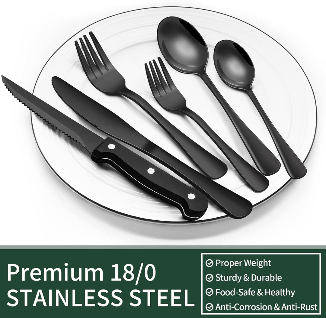 Detailliertes Bild: Modernes schwarzes Edelstahl Besteckset für 4, bestehend aus Gabel, Messer, Löffel.