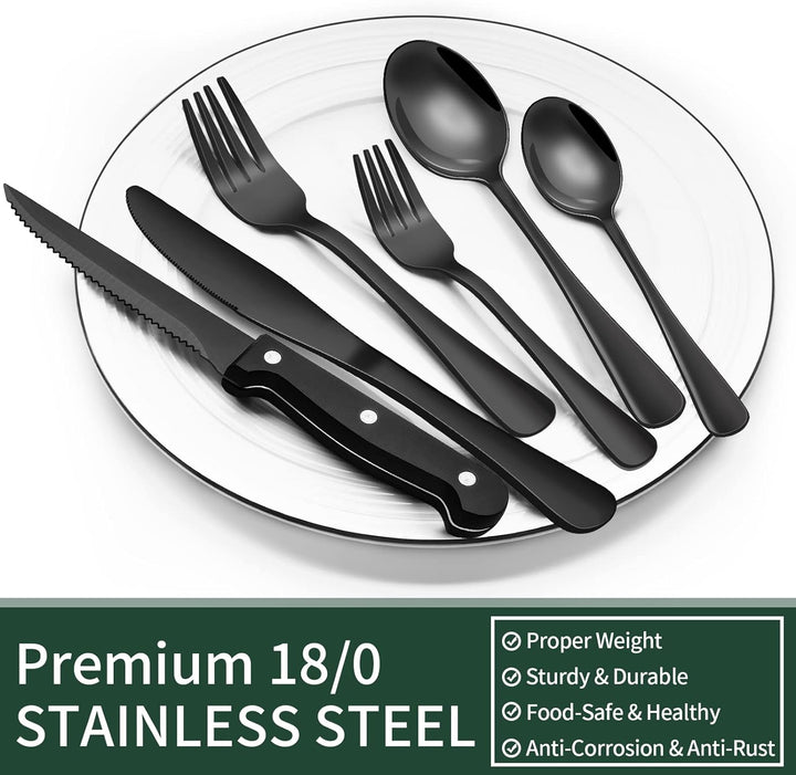 Detailliertes Bild: Modernes schwarzes Edelstahl Besteckset für 4, bestehend aus Gabel, Messer, Löffel.