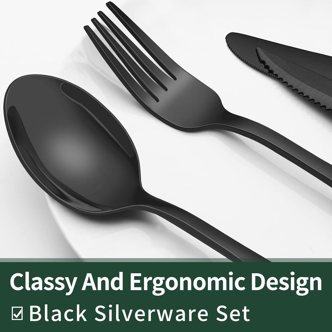 Stilvolles schwarzes Besteckset aus Edelstahl, 20-teilig für 4 Personen. Ideal für moderne Tischkultur.
