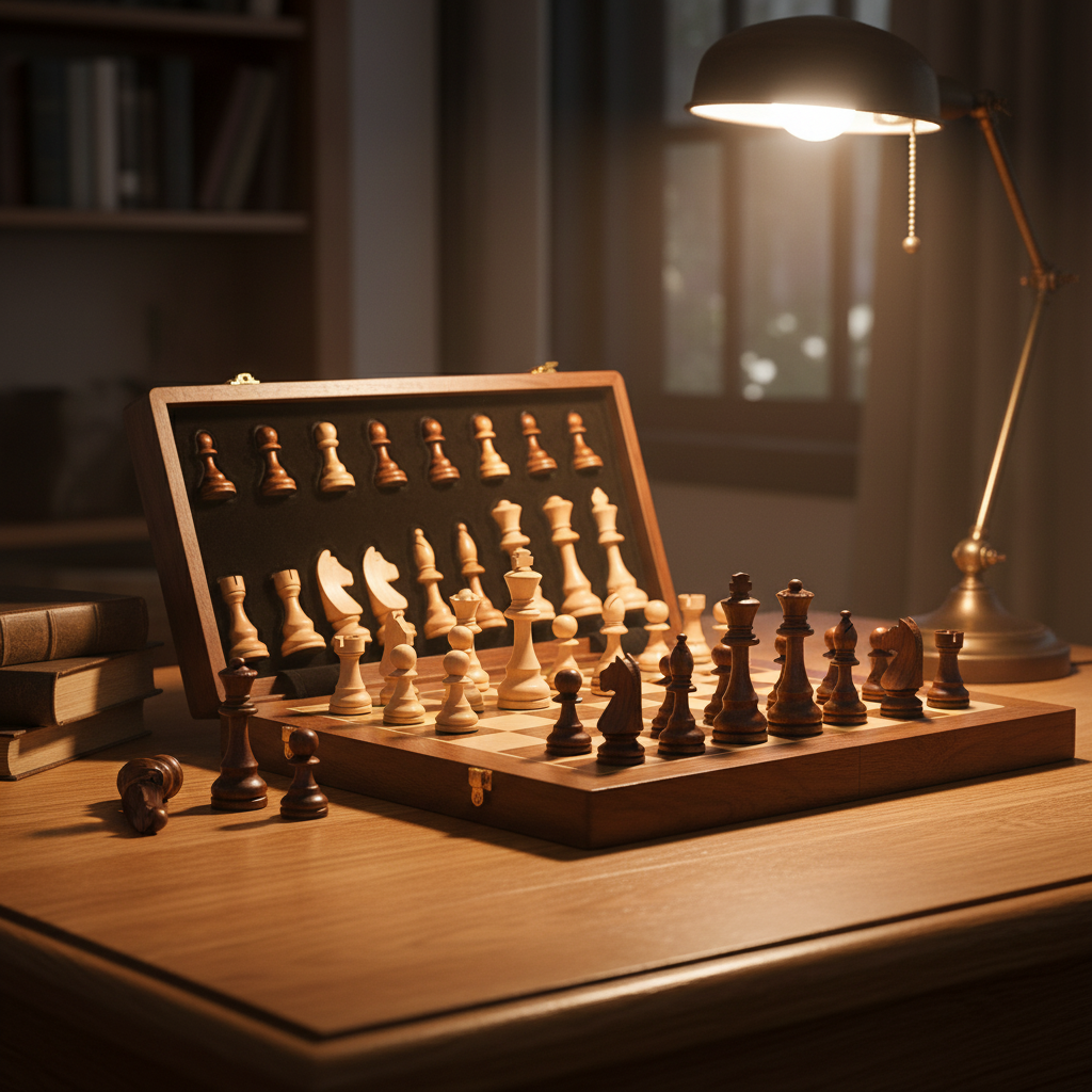 Elegantes Massivholz Reise-Schachset Woodduelor mit Klappbrett und magnetischen Figuren, ideal für unterwegs.