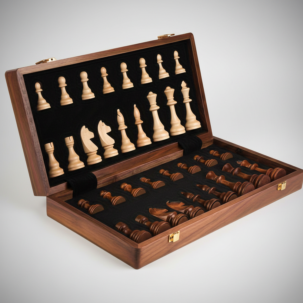 Kompaktes Reise-Schachspiel aus Massivholz für Unterwegs; robust, klappbar, mit Stauraum für Schachfiguren.