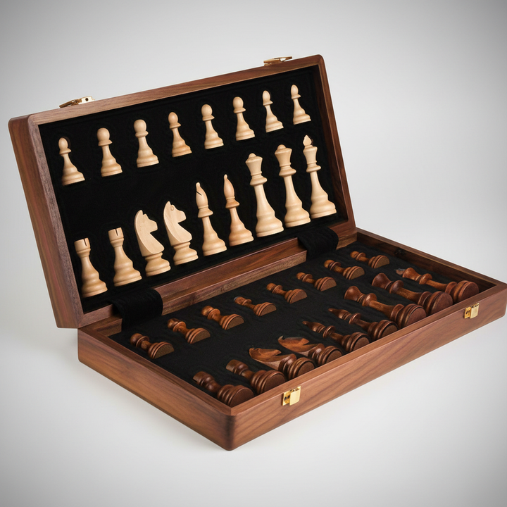 Kompaktes Reise-Schachspiel aus Massivholz für Unterwegs; robust, klappbar, mit Stauraum für Schachfiguren.