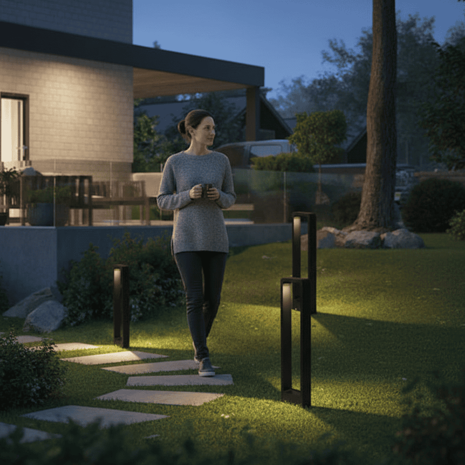 Mehrere Outdoor-Bodenlichter beleuchten einen Gartenweg. Schafft elegantes Ambiente und sichere Orientierung.