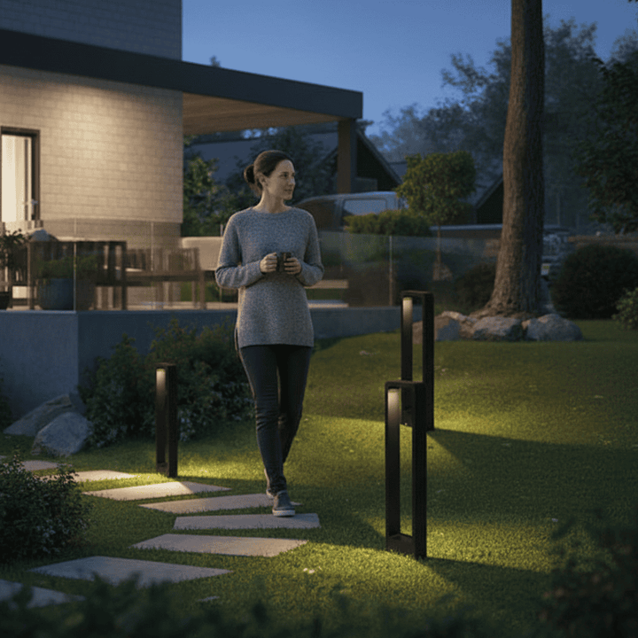 Mehrere Outdoor-Bodenlichter beleuchten einen Gartenweg. Schafft elegantes Ambiente und sichere Orientierung.