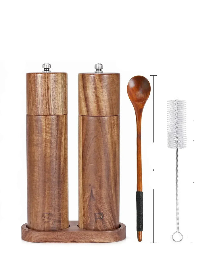 Luxuriöses Holz Salz- und Pfeffermühlen Set mit elegantem Tablett; perfektes Küchenaccessoire & Geschenkidee.