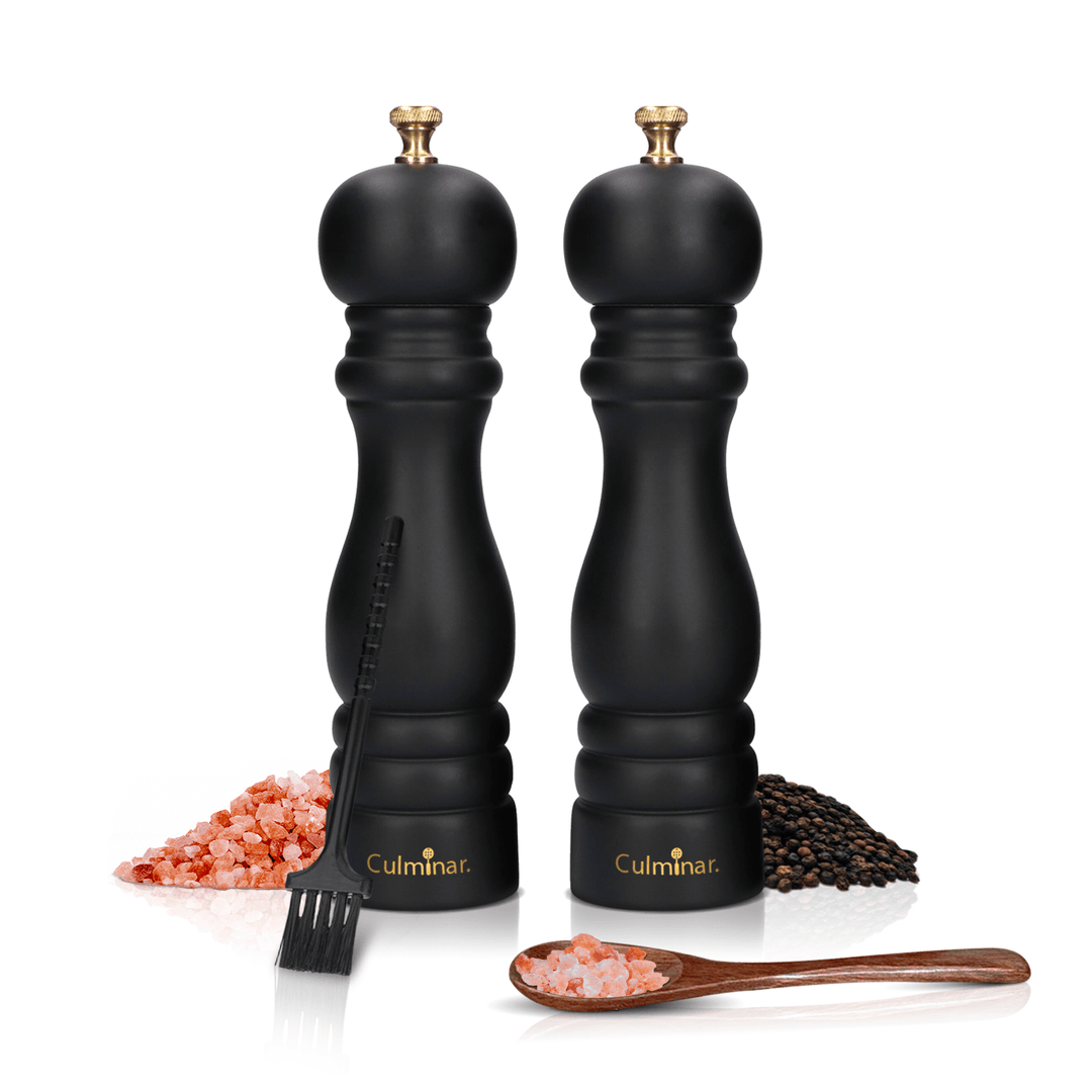 Elegantes Salz- und Pfeffermühlen-Set aus Holz mit präzisem Keramikmahlwerk, ideal für Küche & Esstisch.