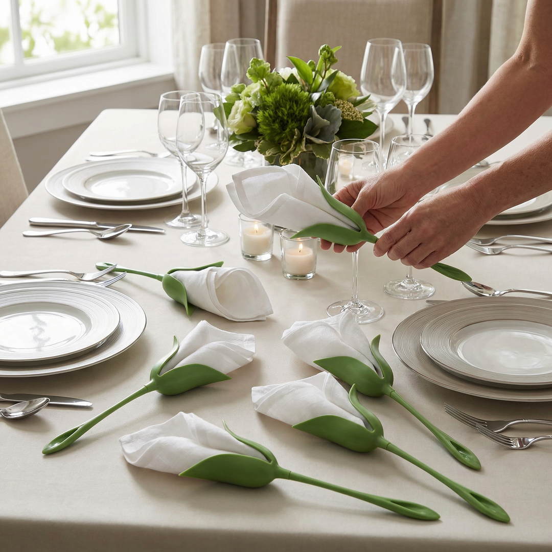 Elegantes Set Blumen-Serviettenfalter (6er), zartes Blumendesign. Perfekt als Tischdeko & Serviettenringe.