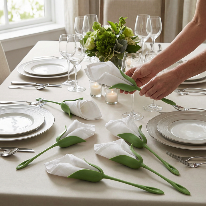 Elegantes Set Blumen-Serviettenfalter (6er), zartes Blumendesign. Perfekt als Tischdeko & Serviettenringe.
