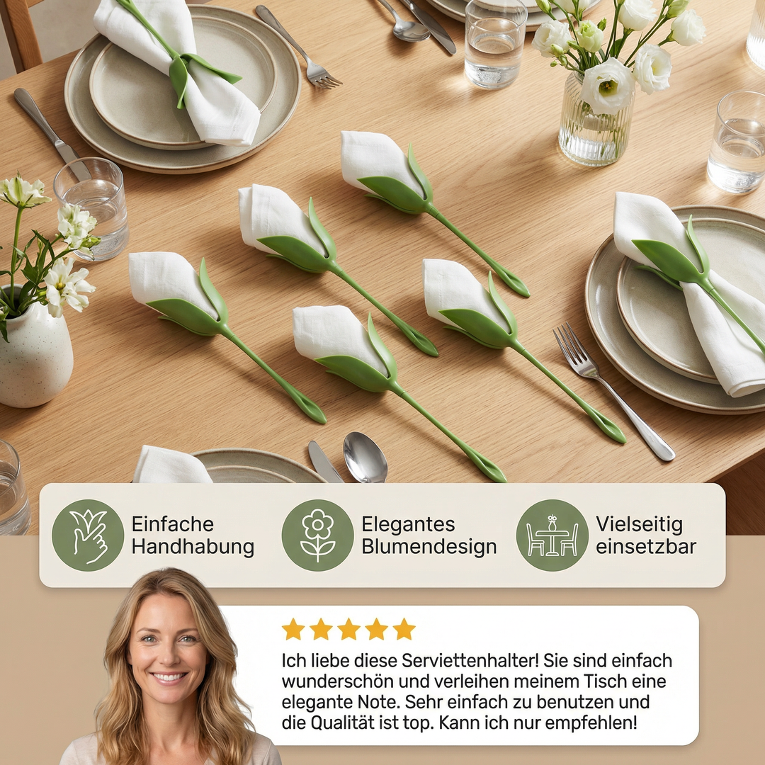 Festliche Tischdekoration mit Blumen-Serviettenfalter Set (6er). Ideal für Hochzeit, Geburtstag & Anlässe.