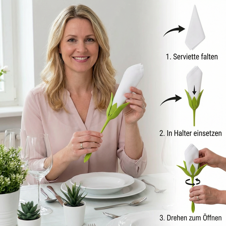 Detailansicht der Blumen-Serviettenfalter. Sechs Stück mit filigranem Blumendesign für stilvolle Esszimmertische.