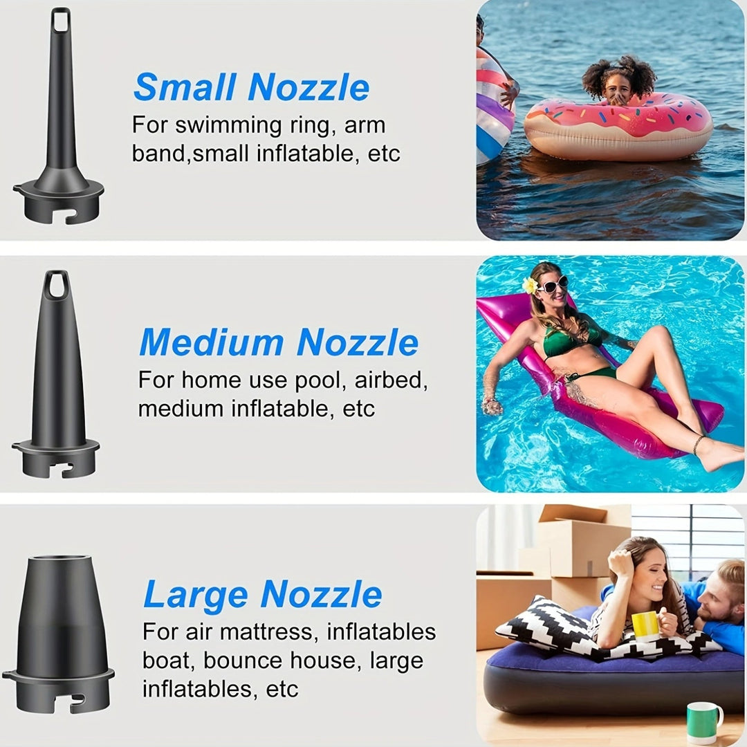 Nahaufnahme der AirTrek Mini Luftpumpe: robustes Design, Ein-/Ausschalter, USB-C Ladeport.