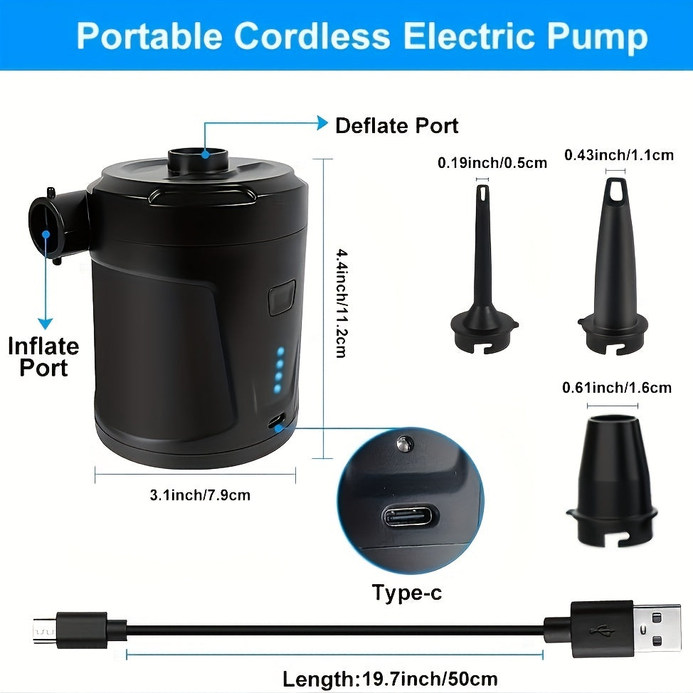 Kabellose AirTrek Mini Pumpe lädt via USB, ideal für unterwegs, Camping & aufblasbare Produkte.