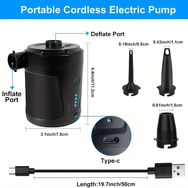 Kabellose AirTrek Mini Pumpe lädt via USB, ideal für unterwegs, Camping & aufblasbare Produkte.