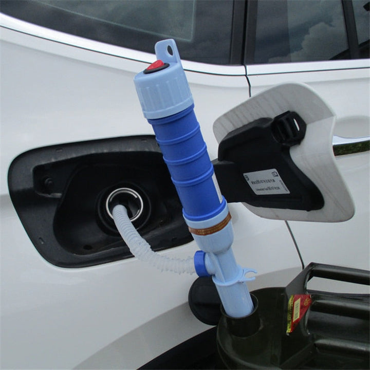Blaue/rote elektrische Kraftstoffpumpe zum einfachen Umfüllen von Benzin oder Diesel. Perfekt für Notfälle & Werkstatt.