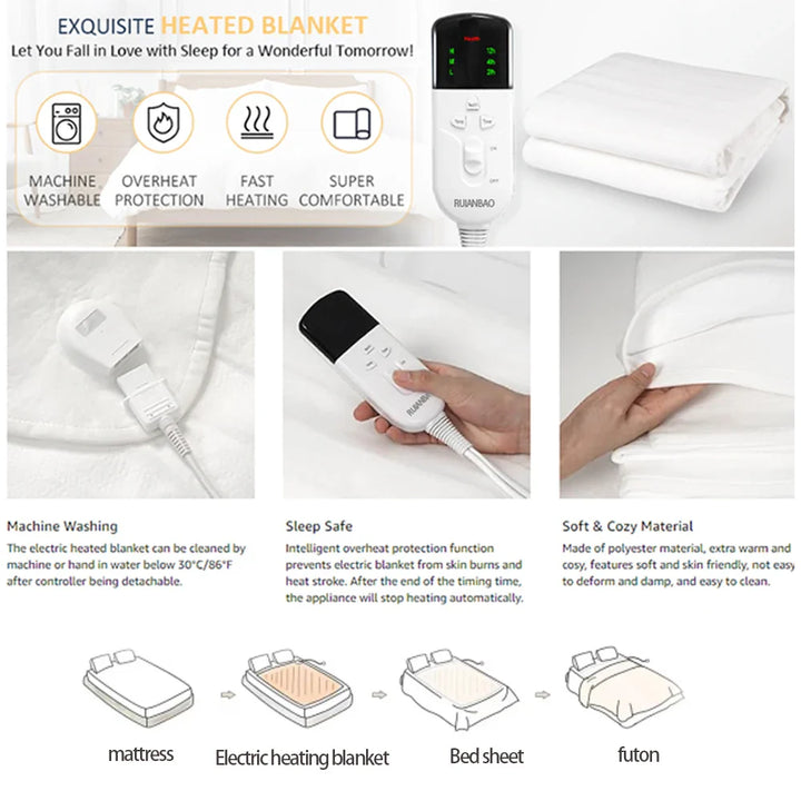 Weiche, elektrische Heizdecke für maximalen Schlafkomfort und gemütliche Wärme im Bett oder auf der Couch.