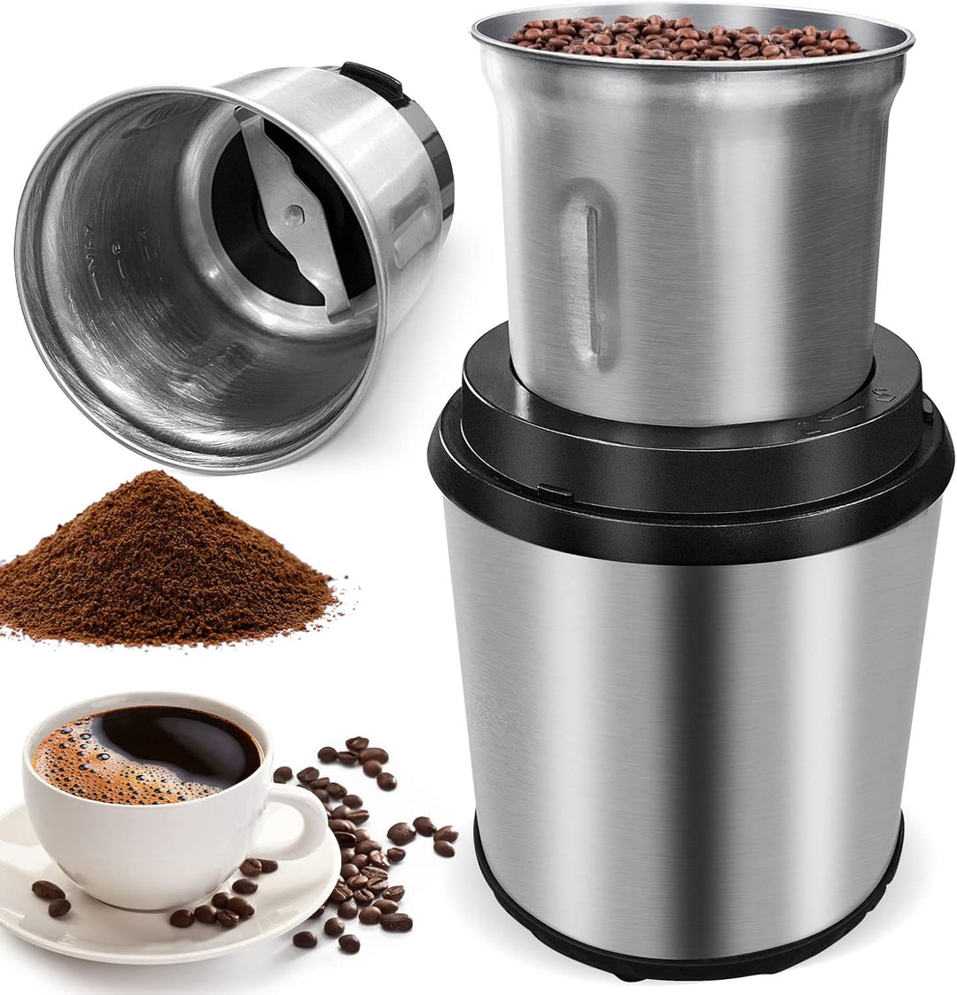 Elektrische Kaffeemühle BrewMate mit abnehmbarem Becher für frische Bohnen, Gewürze & Nüsse. Edelstahl-Design.