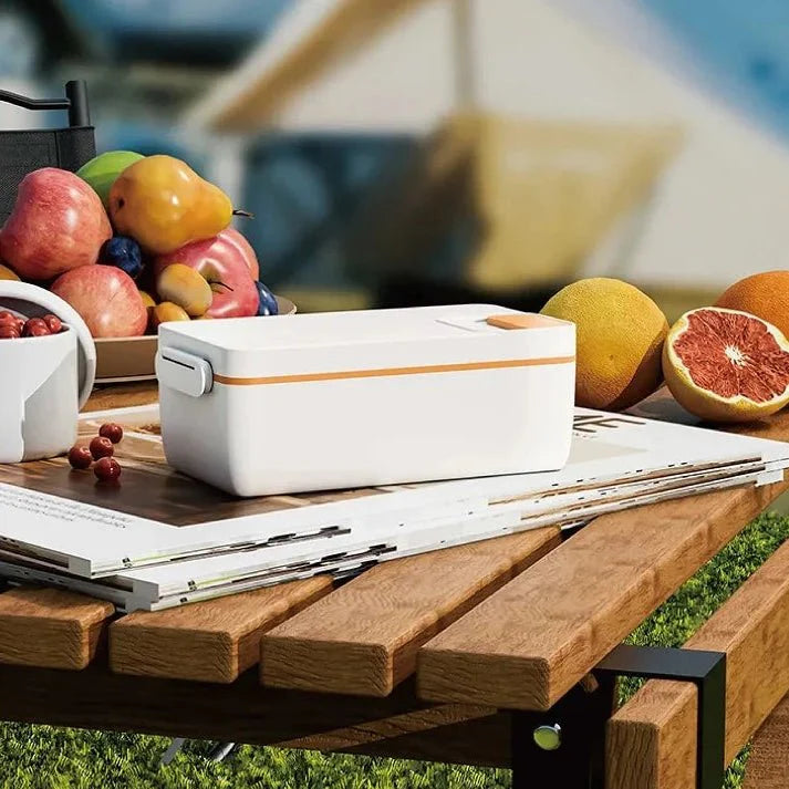 Mobile, akkubetriebene elektrische Lunchbox, ideal für warme Speisen unterwegs und Reisen.