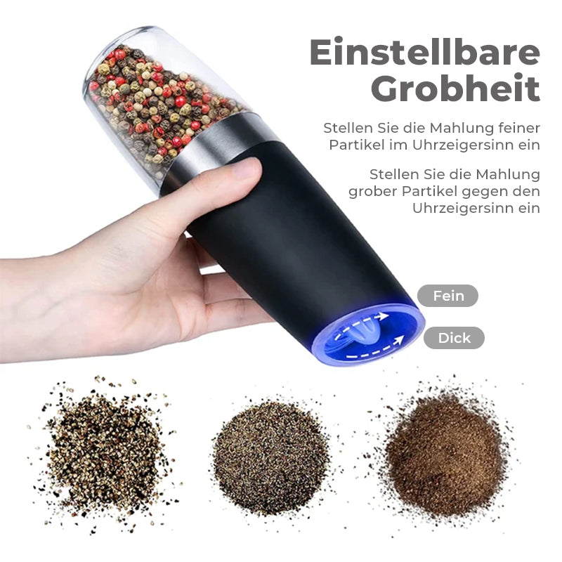 Modernes elektrisches Salz- und Pfeffermühlen-Set mit Schwerkraftsensor für einfache Bedienung.