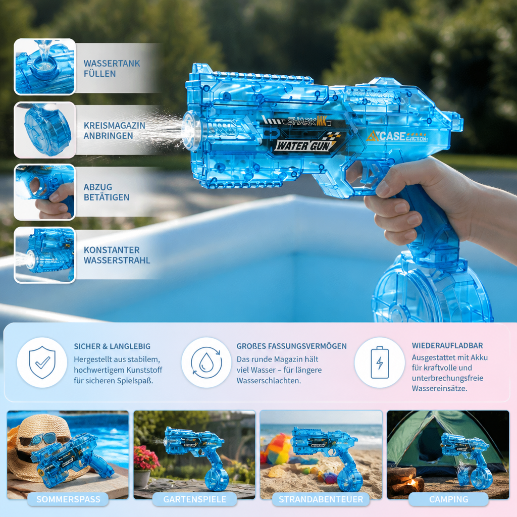 Futuristische elektrische Space Wasserpistole mit großem Rundtank; perfektes Akku-Spielzeug für Sommerspaß.