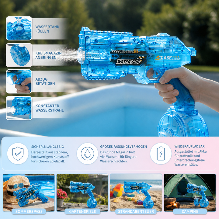 Futuristische elektrische Space Wasserpistole mit großem Rundtank; perfektes Akku-Spielzeug für Sommerspaß.