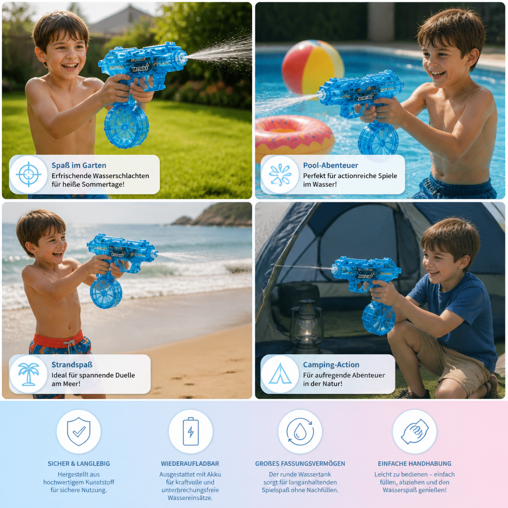 Detailansicht der Space Wasserpistole mit innovativem Rundtank; elektrisches Action Spielzeug für endlosen Wasserspaß.