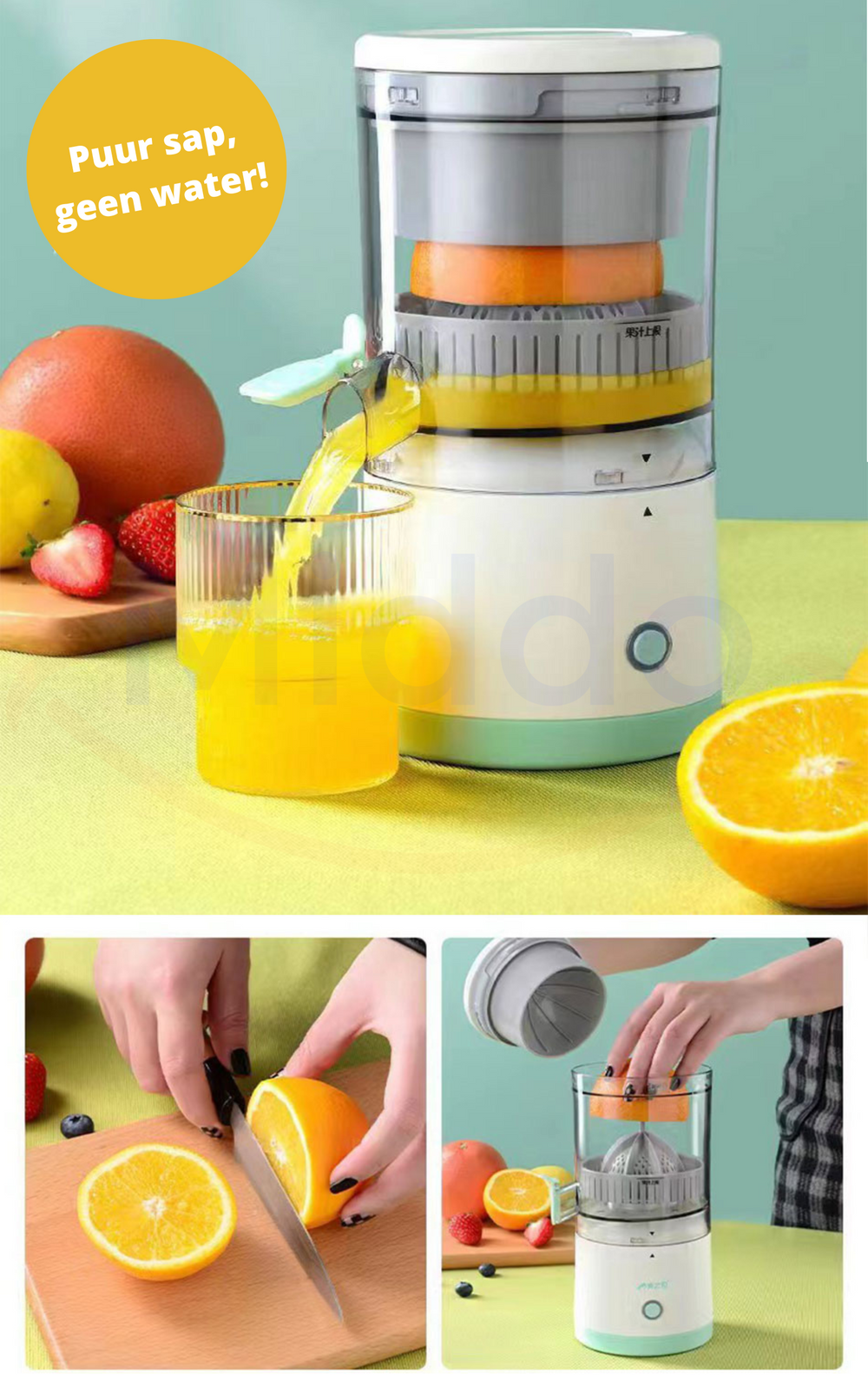Person presst Orange mit kabelloser elektrischer Saftpresse; frischer Vitamincocktail schnell zubereitet.