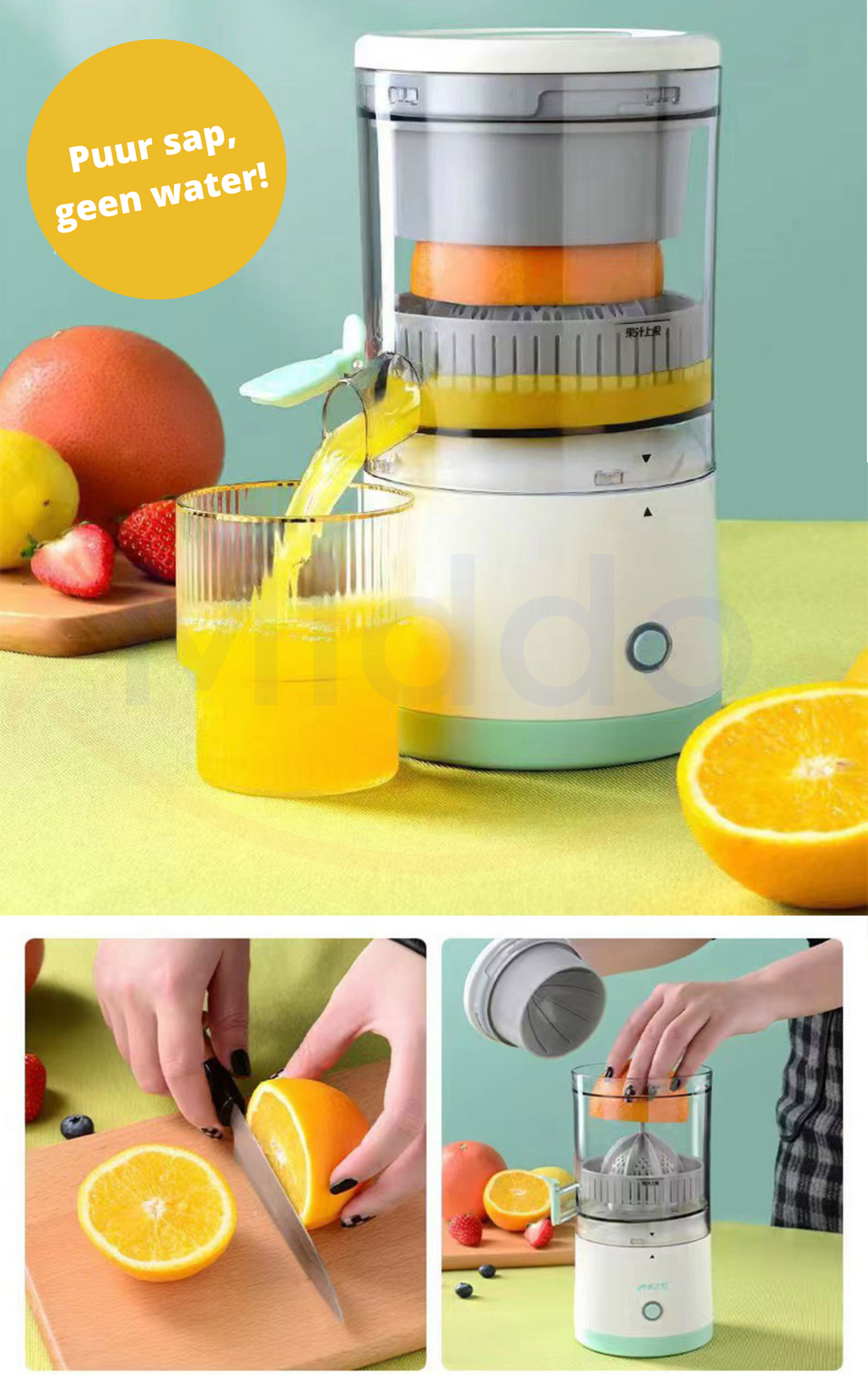 Person presst Orange mit kabelloser elektrischer Saftpresse; frischer Vitamincocktail schnell zubereitet.