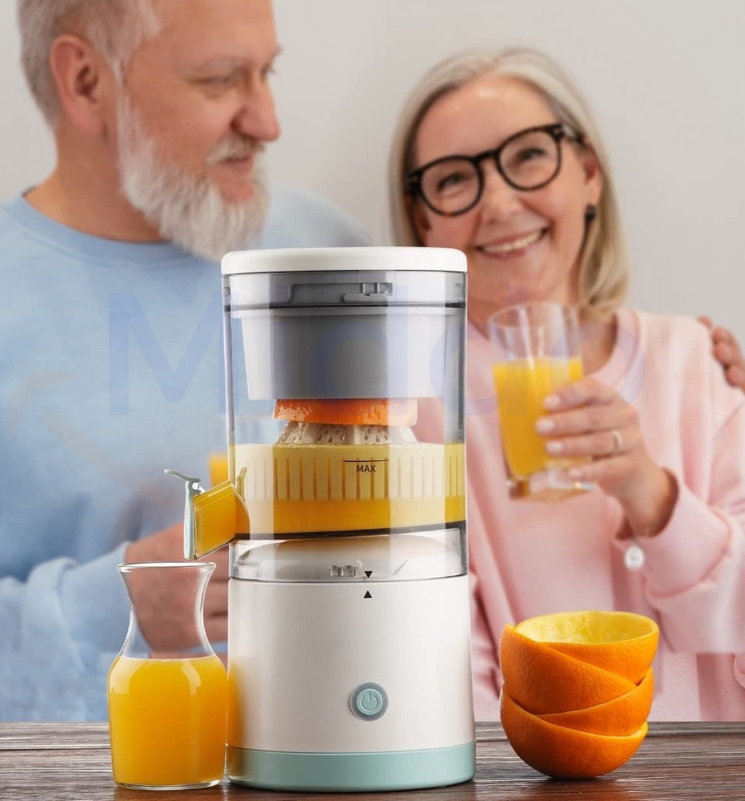 Edelstahl-Zitruspresse, elektrisch und kabellos, für stilvolles Entsaften von Obst in jeder Küche.
