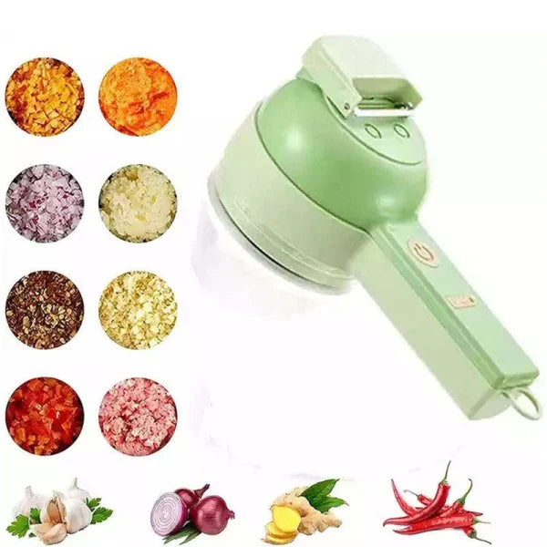 Elektrischer 4-in-1 Zerkleinerer: vielseitiger Küchenhelfer zum Schneiden, Schälen & Zerkleinern von Gemüse & Fleisch.