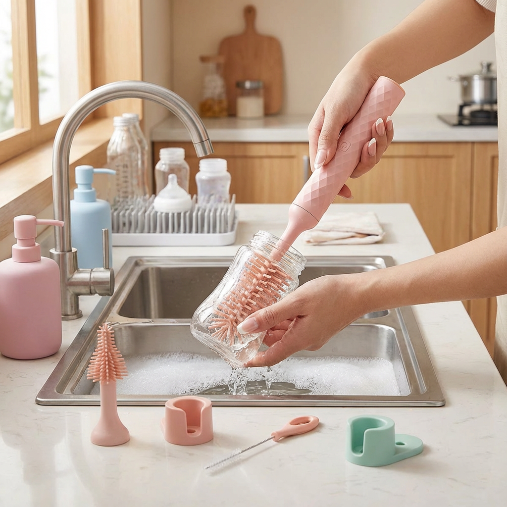 Elektrischer Babyflaschen-Reiniger in Rosa für einfache & hygienische Reinigung von Babyflaschen.
