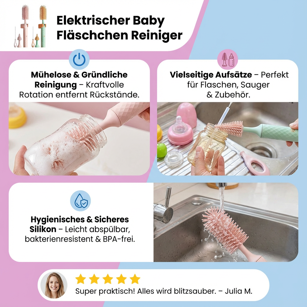 Babyflaschen-Reinigungsgerät elektrisch, in Rosa & Grün, sorgt für Sauberkeit & Keimfreiheit.