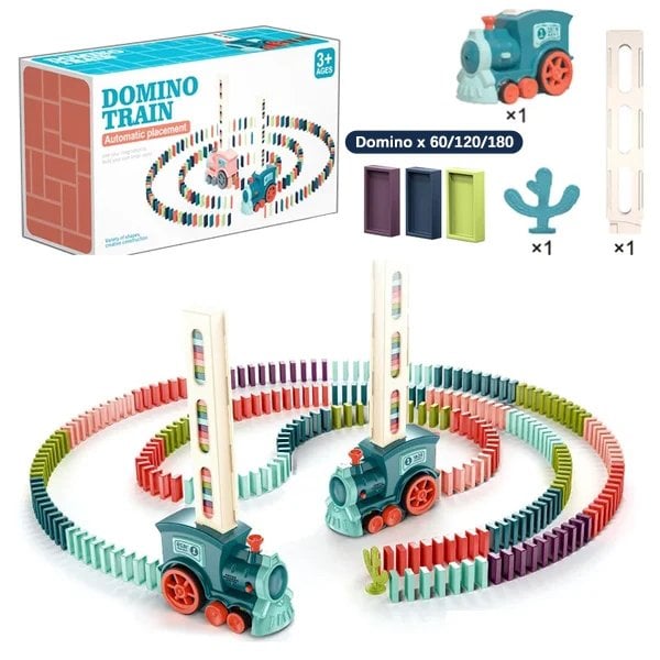 Elektrischer Domino Zug für Kinder, der bunte Dominosteine automatisch aufstellt, für kreativen Spielspaß.
