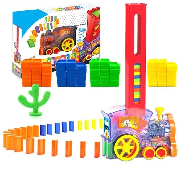 Kreativer elektrischer Domino Zug, der den Dominoeffekt durch automatisches Aufstellen kinderleicht macht.