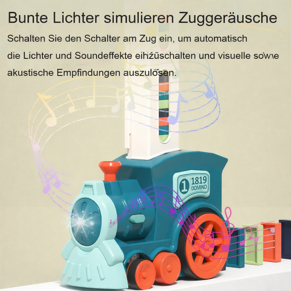 Pädagogischer elektrischer Domino Zug fördert Motorik, logisches Denken & Kreativität bei Kindern.