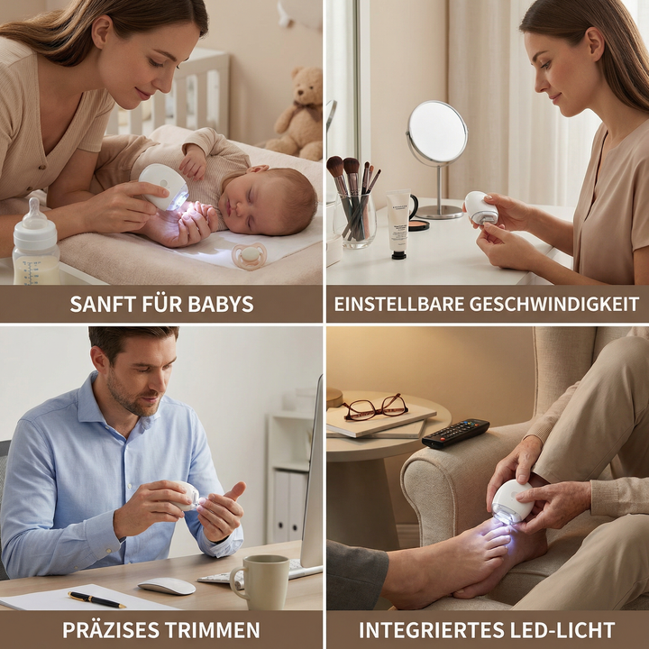 Vielseitiger, elektrischer Nageltrimmer mit LED-Licht für die sanfte Nagelpflege der ganzen Familie, inkl. Babys.