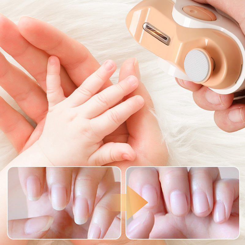 Sicherer elektrischer Nageltrimmer für Babys, geräuscharm und schonend für zarte Nägel.