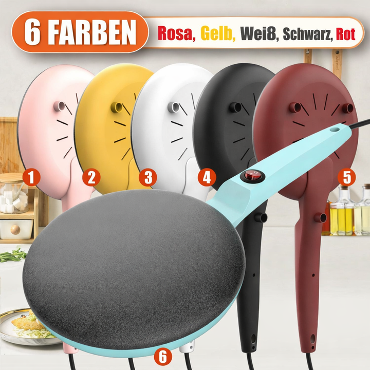 Hand gießt Teig auf den elektrischen Antihaft-Pfannkuchenmacher, der perfekt goldene Pancakes für das Frühstück backt.