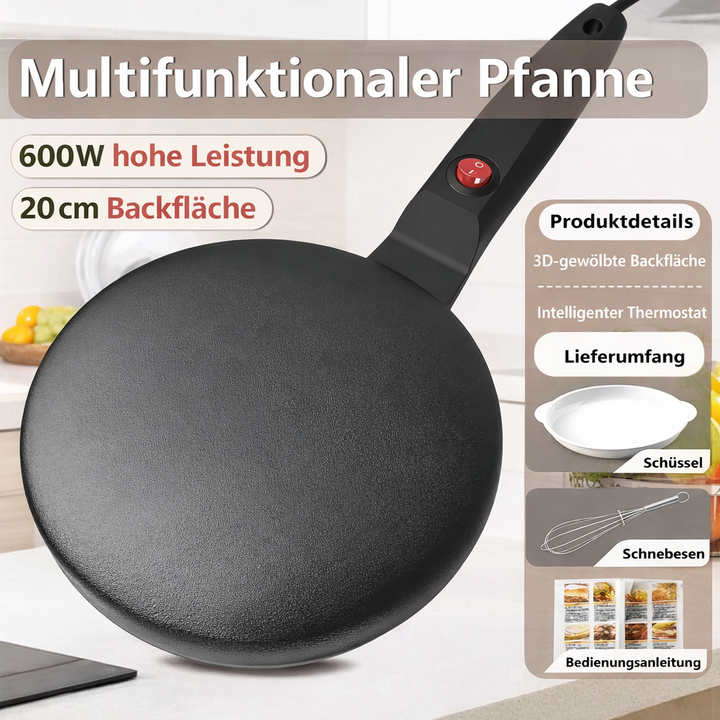 Stapel goldener Pancakes neben dem elektrischen Antihaft-Pfannkuchenmacher; ideal für Frühstück und einfache Reinigung.