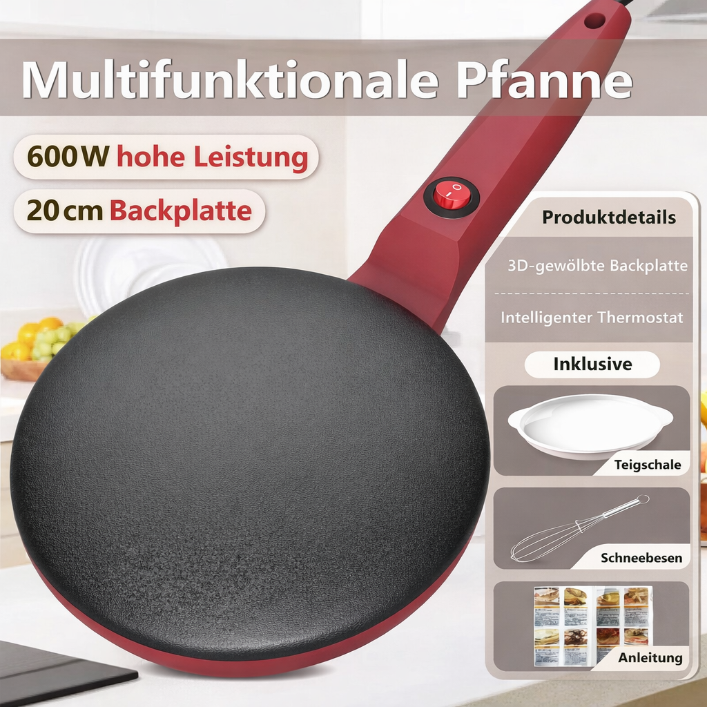 Moderner elektrischer Crepe Maker mit hitzebeständigen Griffen und Antihaftbeschichtung, ein vielseitiges Küchengerät.