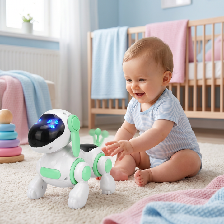 Elektrischer Roboterhund für Kinder, interaktives Spielzeug mit LED-Lichtern und Soundeffekten.
